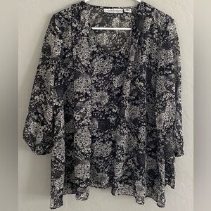 Sag Harbor Women Tie Front Black White Floral Lined V-Neck 3/4 Sleeve Blouse S